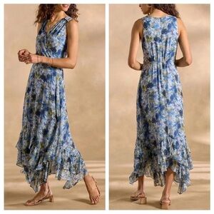 Sundance Champs de Fleur Midi Dress 6 blue Floral Asymmetrical Ruffled Wedding